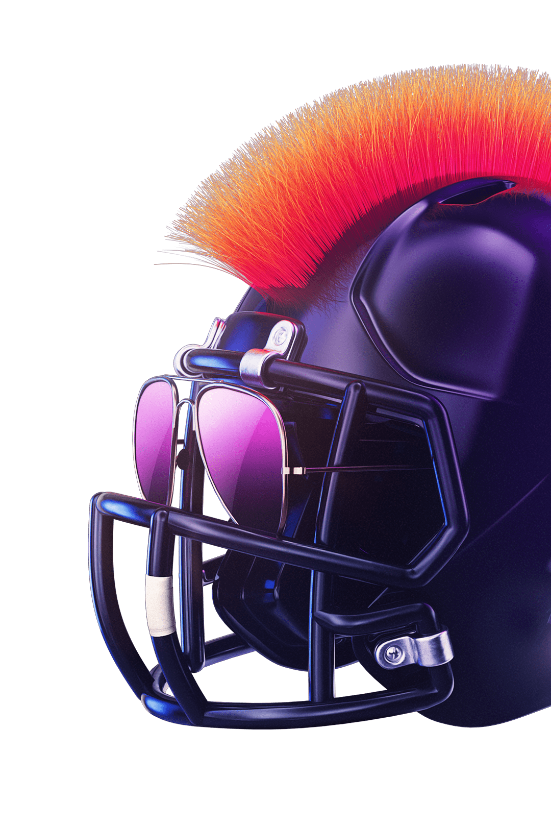 Football helmet with sunglasses, smiley face sticker, and mohawk